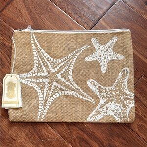 Mud Pie Tan Burlap Clutch with White Trim